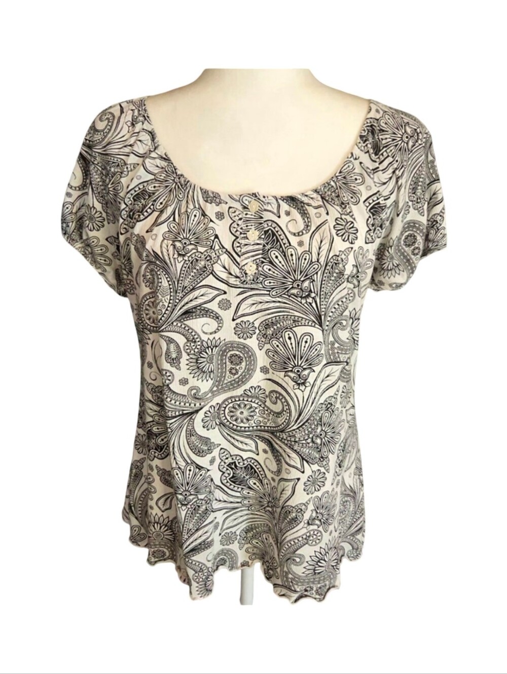 Vintage Susan Lawrence Black White Paisley Scoop Neck Lettuce Hem Top Small